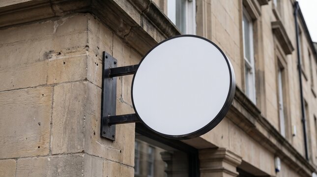 blank white circular storefront sign mockup on a stone building wall
