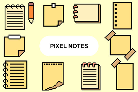 Pixel notes set vector. Ideal for retro 8-bit music player interfaces, symbolizing digital melody composition, nostalgic sound effects, and classic gaming audio tracks.