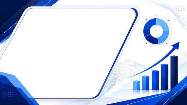 Modern business slide template with blue abstract design, donut chart, and rising bar chart