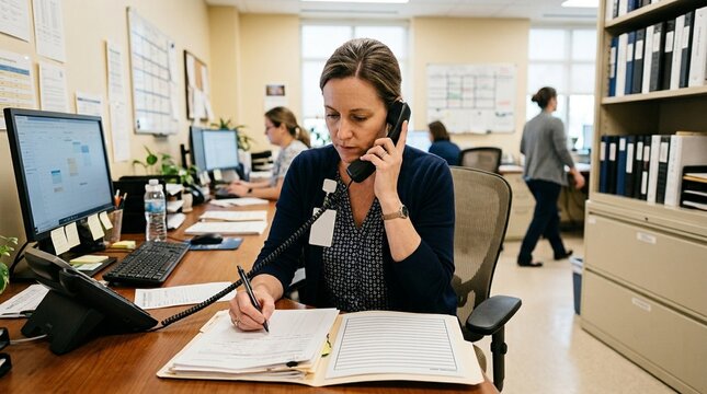 Case manager scheduling a follow-up appointment by phone while reviewing a patient discharge folder.