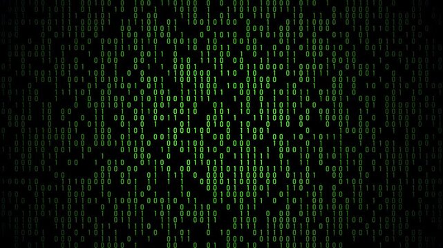 Green binary code running on a black screen. Seamless loop animation of digital data flow, programming background, cybersecurity, matrix effect, big data stream, internet technology concept