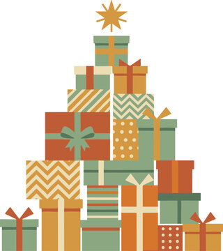 Creative Christmas tree concept designed with stacked gift boxes featuring ribbons bows and a golden star for holiday marketing and greeting card designs