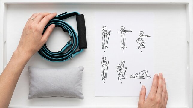 Overhead flat lay of a home exercise instruction sheet resistance band and a small pillow.