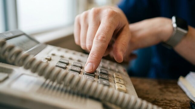 Nurse dialing a phone number to schedule a follow-up home health visit for a discharged patient.