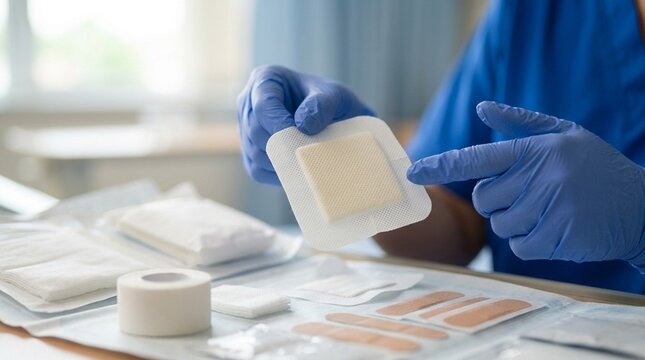 Nurse explaining a home wound dressing change procedure using a sample bandage kit.