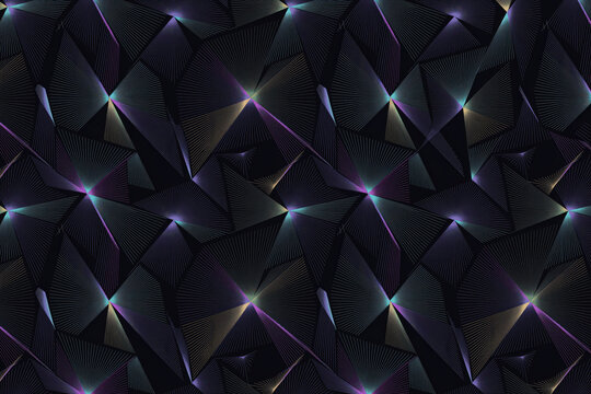 Abstract geometric pattern featuring dark triangular shapes with glowing light lines and sharp edges in a repeating digital texture