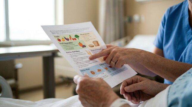 Nurse reviewing dietary discharge instructions with a patient using a printed nutrition handout.