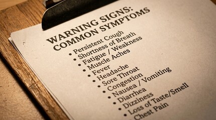 Naklejka premium Close-crop of a printed warning signs handout listing symptoms with simple bullet points.