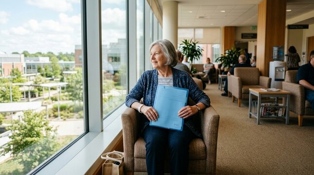 Patient waiting in a bright hospital discharge lounge seated near a window with a folder in hand.