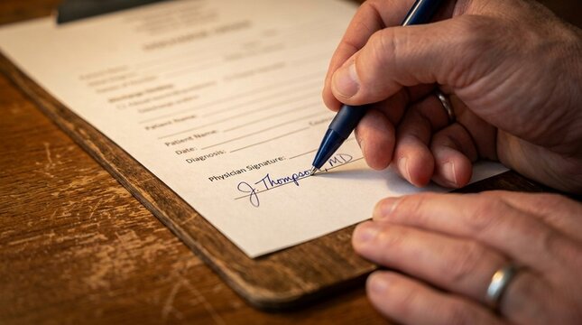 Close-crop of a physician signature being added to a printed discharge order form.