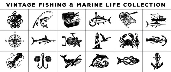 Vintage Marine Life and Fishing Icons Collection © khimsa