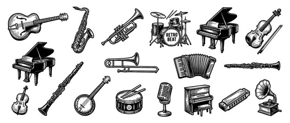 Vintage musical instruments collection illustration © khimsa