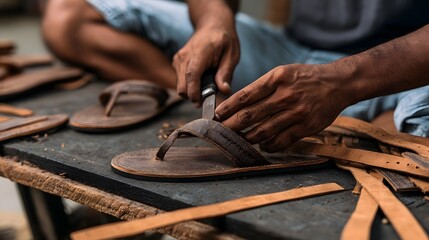 Obraz premium A person crafting leather sandals by hand on a wooden workbench using tools for detailed construction
