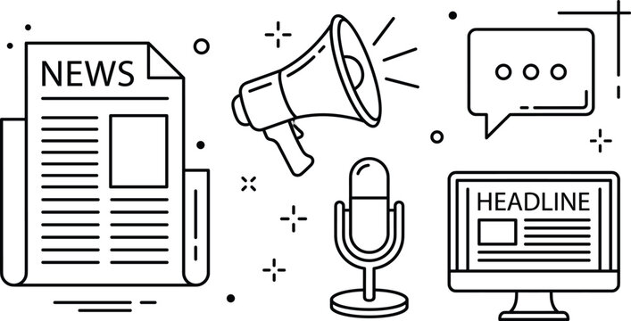 Mass media public relations line icon set with newspaper megaphone microphone broadcast and digital online news headline vector