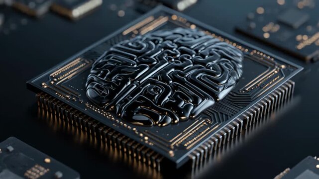 Artificial intelligence microchip brain technology innovation with black brain shape circuit board glowing futuristic digital