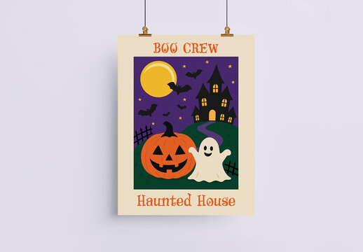 Crayon Texture Boo Crew Canvas Pictures, Haunted House Ghost Halloween Decor Poster, Haunting Together Pumpkin Moon Room Wall Art Print