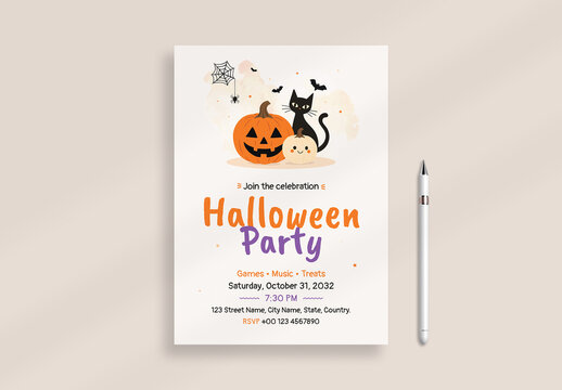 Halloween Party Invitation Editable Cute Pumpkin Black Cat Kids Printable Party Invite Template