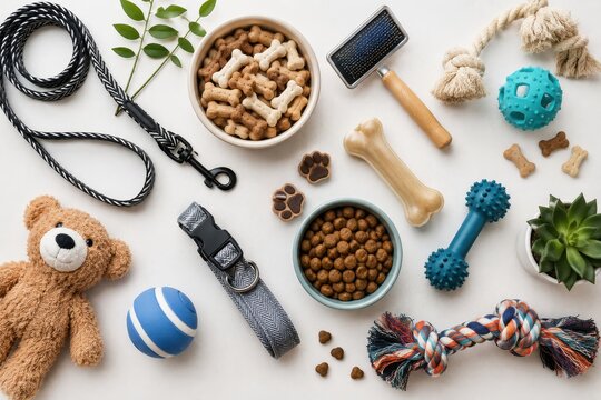 Dog grooming and feeding essentials laid out flat