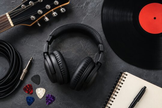 Musical instruments and accessories laid out for creativity and performance