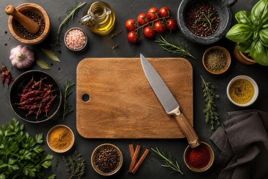Culinary still life with fresh ingredients and cooking tools arranged on a dark surface