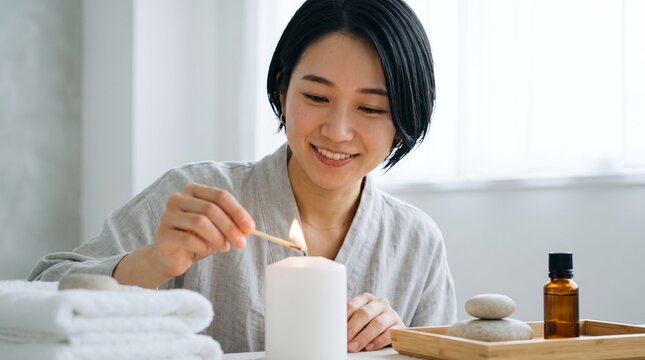 Young woman lighting a scented candle during a relaxing home spa and self care ritual.