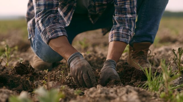 A person wearing gloves is planting or tending to crops in an open field with loose soil and small green plants