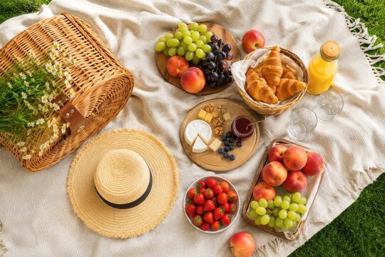 Delicious picnic spread on a blanket in a green field, including fruits, cheese, and croissants
