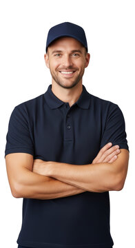 Smiling man wearing black polo shirt.