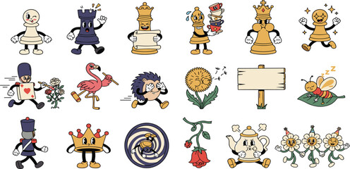 Retro Vintage Cartoon Alice in Wonderland Chess Theme Character Vector Set with Anthropomorphic Pieces, Playing Card Soldier, and Fairytale Elements for Sticker Designs © Anisur