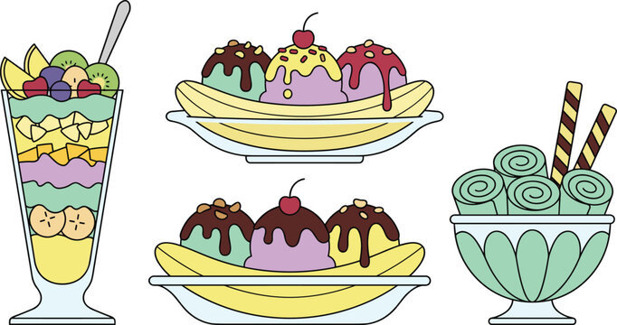 Ice Cream Sundae and Banana Split Dessert Vector Set Featuring Colorful Frozen Treats with Fruit Wafers and Sweet Toppings