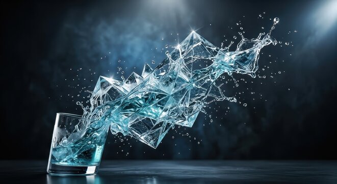 An explosion of ice and water splashing out of a glass, creating a dynamic and abstract visual