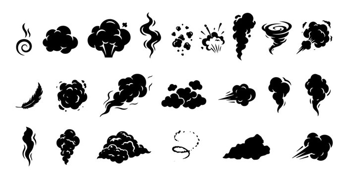 Cartoon smoke cloud icon set steam blast dust silhouette vector