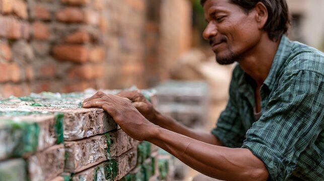A man carefully arranging eco bricks made from recycled materials in a construction setting