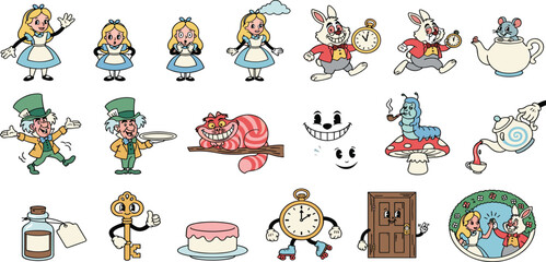 Obraz premium Vintage Cartoon Alice in Wonderland Vector Character Set with Mad Hatter, White Rabbit, Cheshire Cat, and Magical Elements for Retro Designs