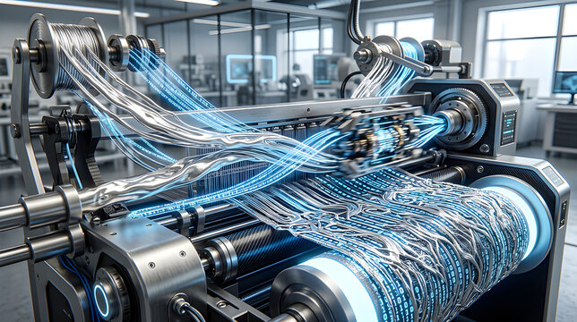 Macro realistic photo of a futuristic loom weaving luminescent silver liquid metal and glowing blue digital code.