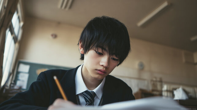 日本の男子学生が教室で勉強しているシーン