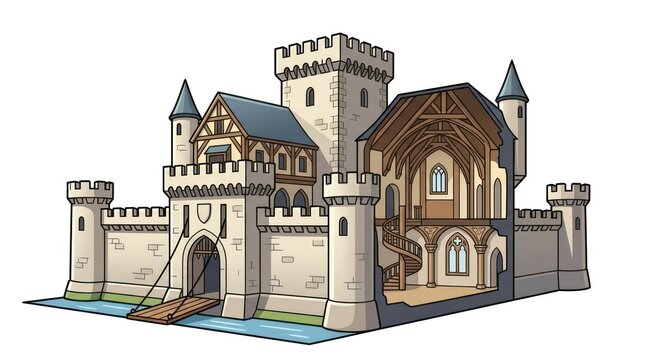 Medieval castle cutaway showing exterior walls and interior hall