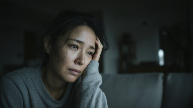 暗い部屋で1人で悩む日本人女性