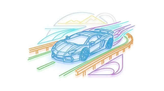 Neon line art of a fast sports car on a mountain road