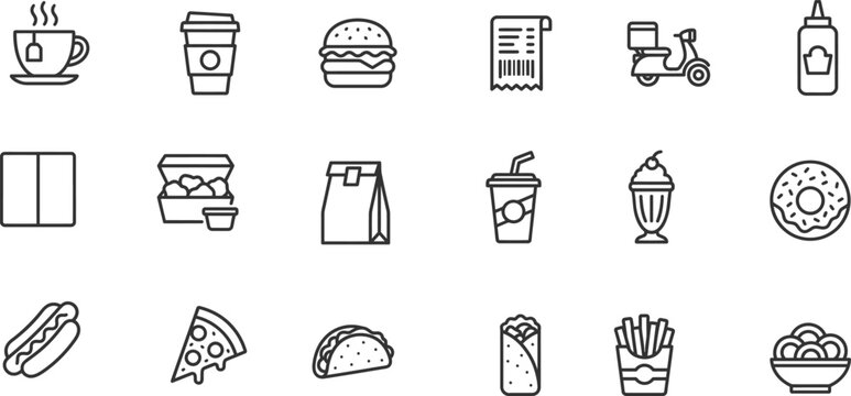 Food delivery and takeaway icons set coffee burgers pizza and more in minimalist line style