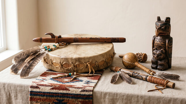 Traditional native american musical instruments and wooden carvings displayed on table with displays traditional carvings arranged Still Life