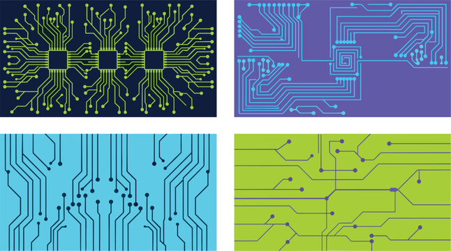 Digital Circuit Board Background Vector Set Featuring Electronic Microchip Processor Patterns and Futuristic Cyber Tech Texture Layouts