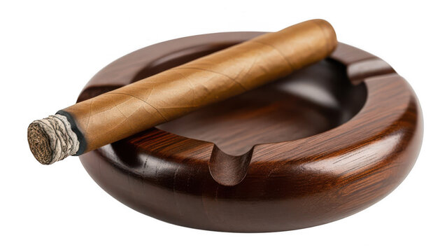 Premium cigar resting on wooden ashtray isolated with lifestyle