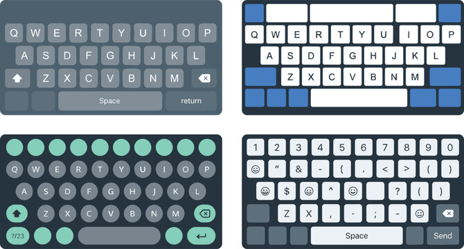 Digital Smartphone Virtual Keyboard Layout Set with QWERTY Keys Numbers and Symbols for Mobile App User Interface Designs