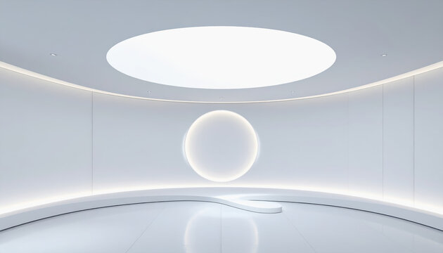 Minimalist futuristic interior with a glowing circle on the wall and circular ceiling light