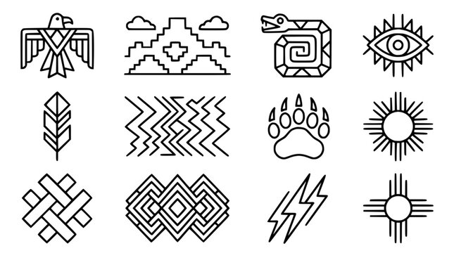 Native American Inspired Symbols: Eagle, Pyramid, Snake, Eye, Feather, Sun, Paw, Geometric Patterns