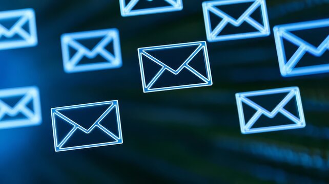Floating blue neon mail icons representing digital communication network messaging systems concept background graphic.