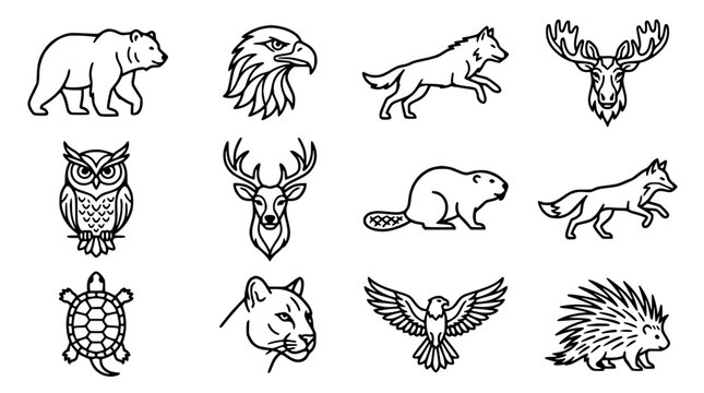 Set of Wild Animal Icons, Wildlife Vector Art, Forest Creatures Collection