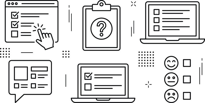 Online survey line icon set with customer feedback questionnaire laptop form digital test quiz and satisfaction rating vector