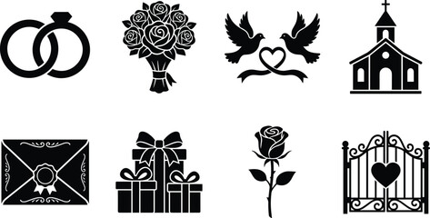 Fototapeta premium Wedding Silhouette Icon Set with Wedding Rings, Rose Bouquet, Love Doves, Church, Invitation, Gift Boxes and Romantic Gate Vector Collection